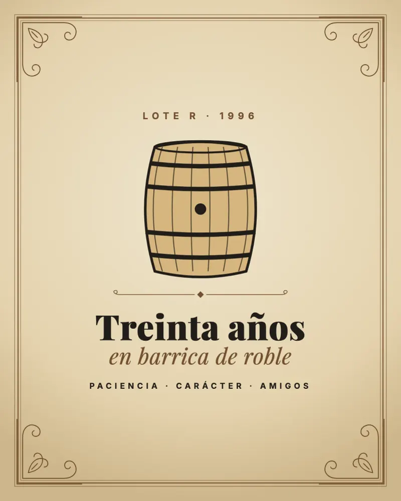 Etiqueta ilustrada: barrica de roble, treinta años en barrica