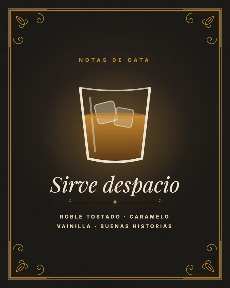 Póster: vaso de whiskey ámbar, sirve despacio